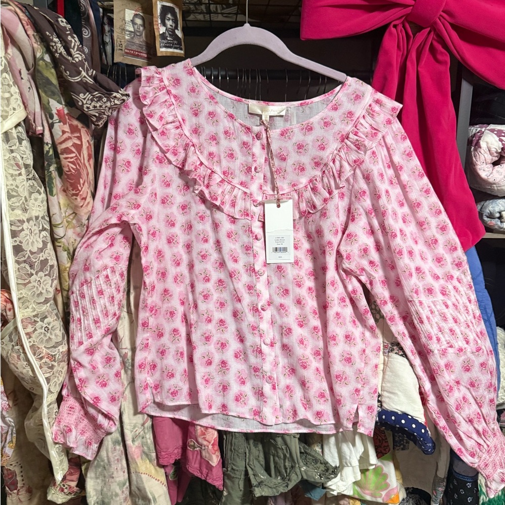 Love Shack Fancy 💐🎀 Pink Floral Ruffle Blouse